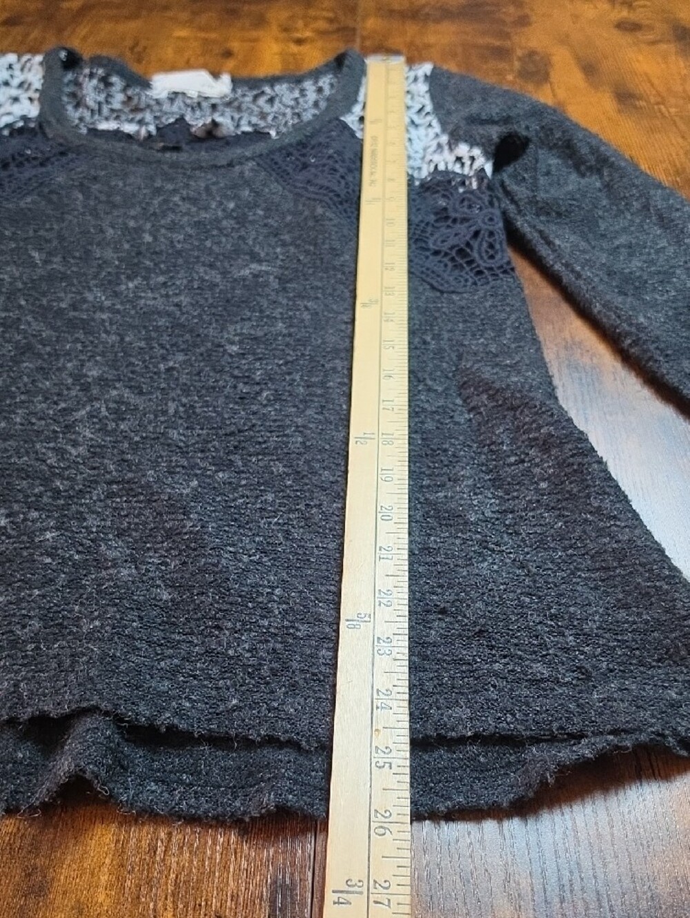 A'REVE | Boho Charcoal Lace Crochet Mixed Media Slub Swing Sweater Top | M - Picture 7 of 12